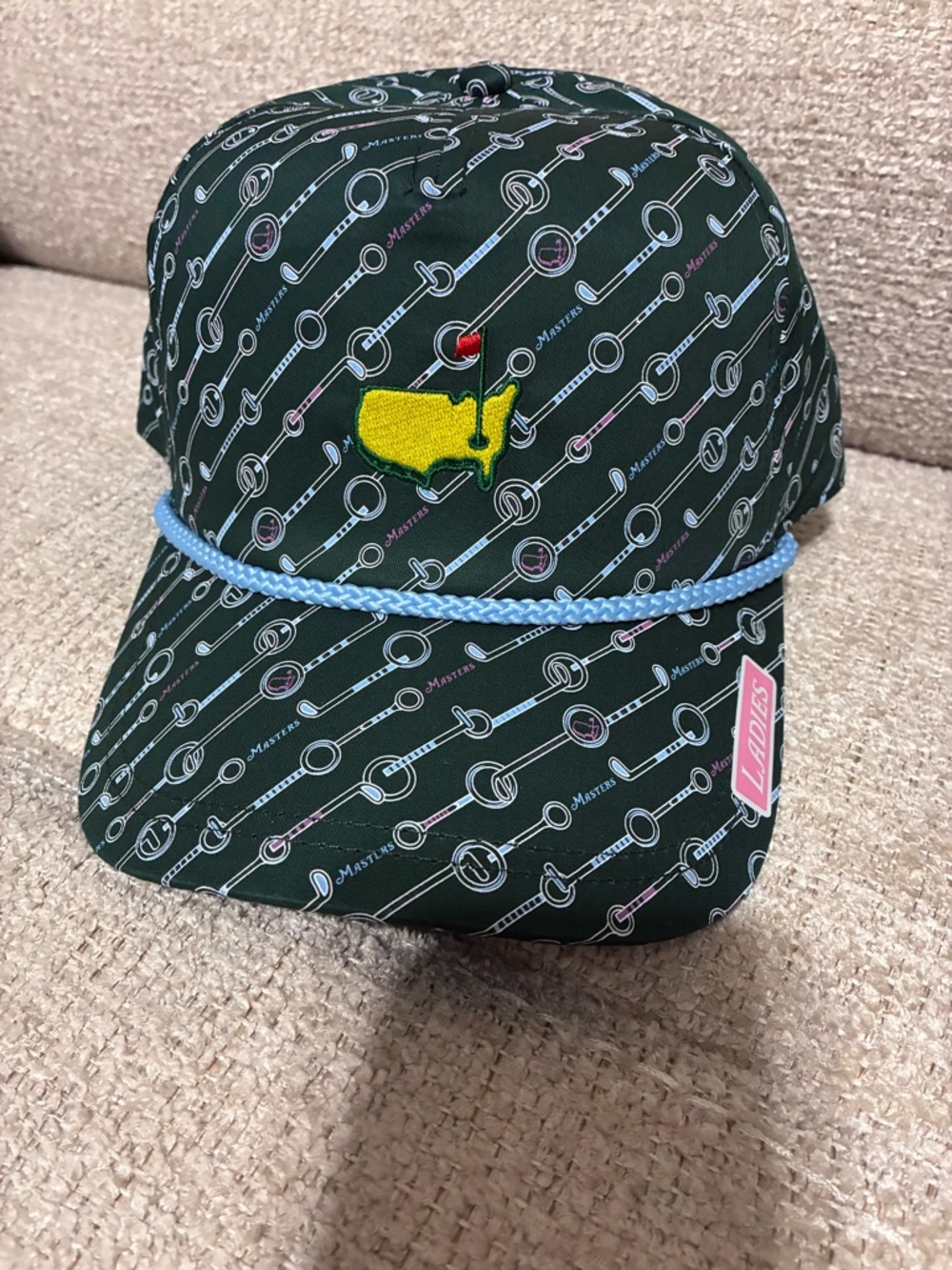 Masters Dark Green Patterned Cap with Yellow Crest and Light Blue Rope